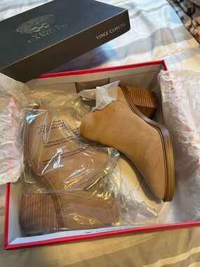 Vince Camuto Tan Suede Ankle Booties with Stacked Heel